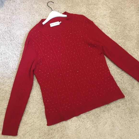 Vintage 80s Cherry Red Cable Knit Beaded Ribbed Sleeve Sweater - Picture 12 of 16